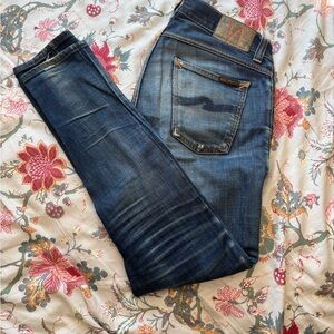 Nudie Jeans Dark Blue and Cream Denim Thin Fin One of a kind repairs and fades.